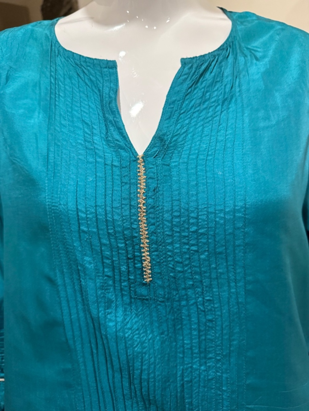 Anokhi India 100% Silk Teal Pintuck Tunic Blouse XL - Picture 2 of 8